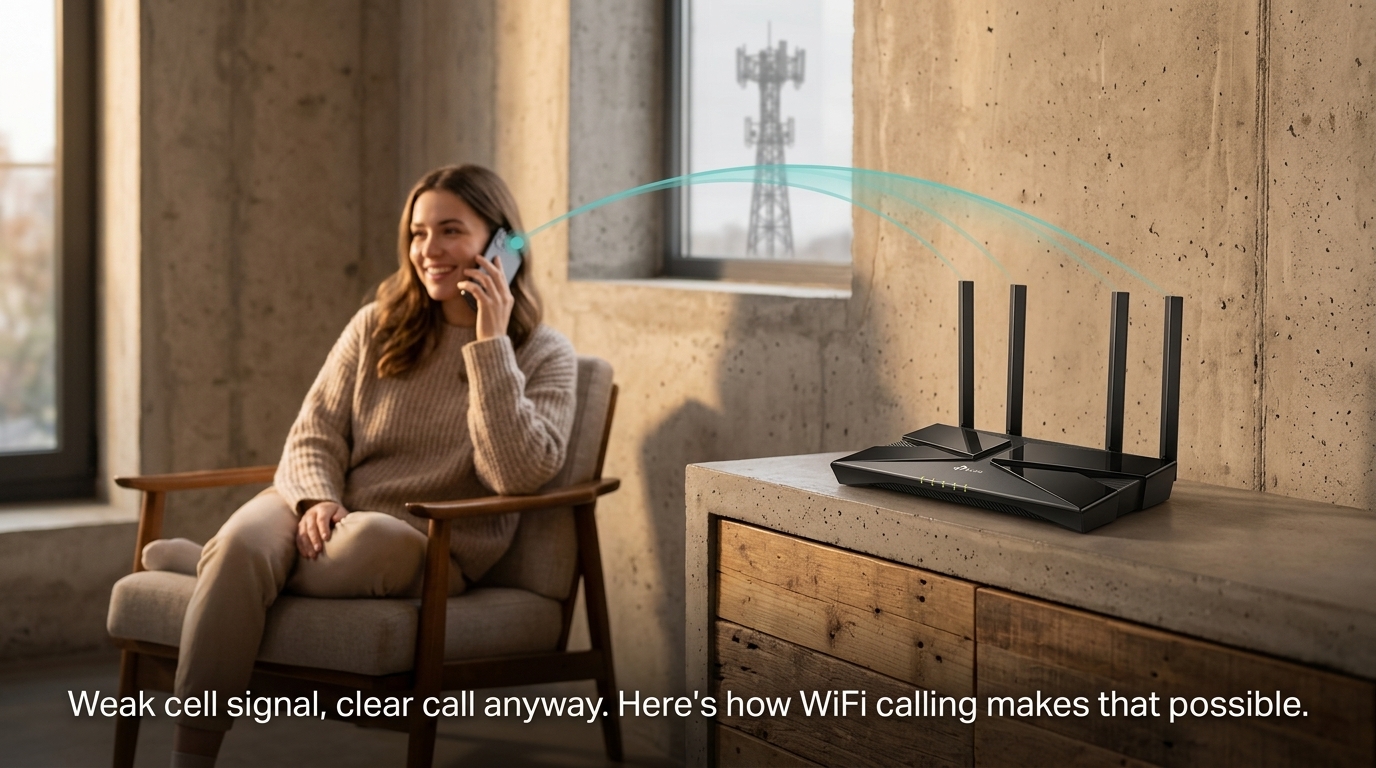 Someone makes a crystal-clear phone call over WiFi in a spot where cellular signal is weak, thanks to a real TP-Link router