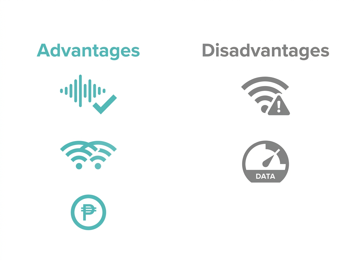 Flat two column icon grid showing WiFi calling advantages like improved call quality versus disadvantages like WiFi dependence