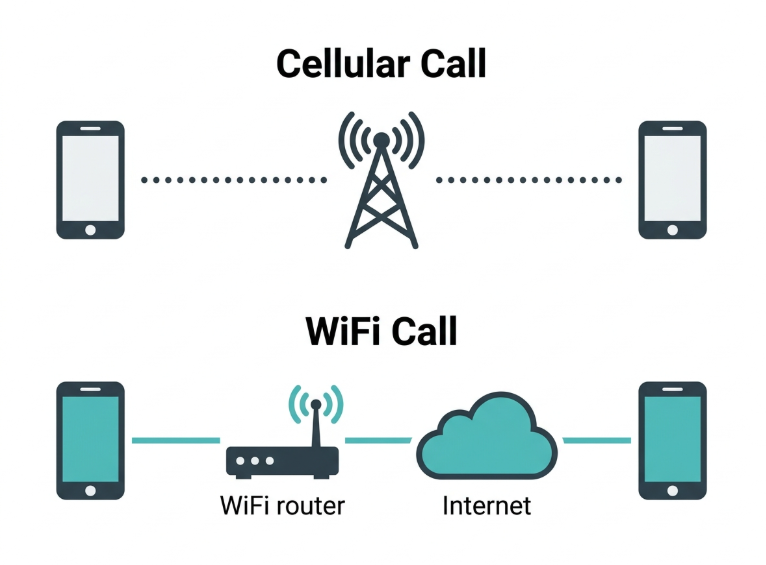 Flat diagram comparing a call routed through cellular towers versus a call routed through WiFi and the internet