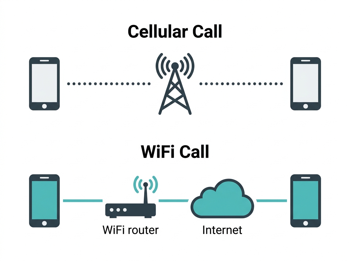 Flat diagram comparing a call routed through cellular towers versus a call routed through WiFi and the internet
