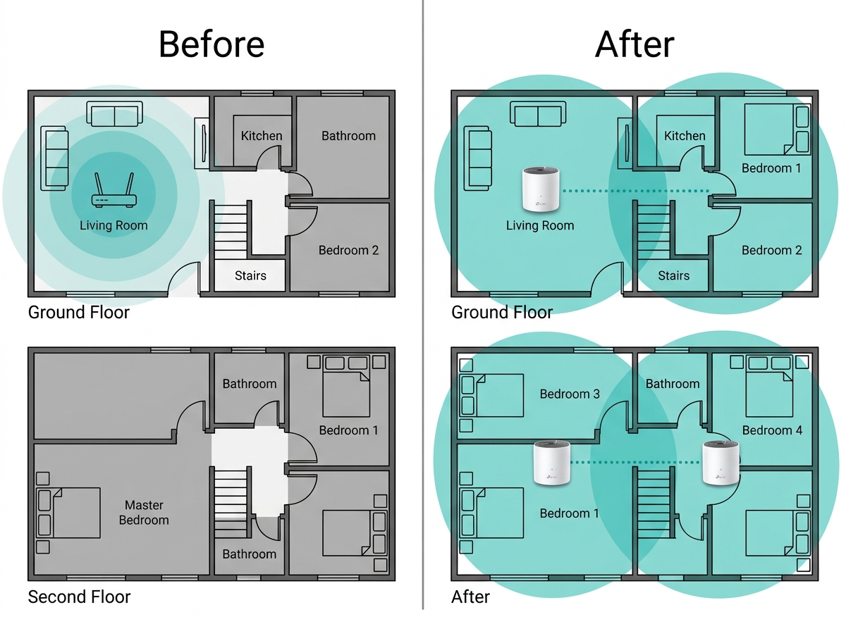Flat diagram showing WiFi dead zones in a home and how a mesh system fixes coverage