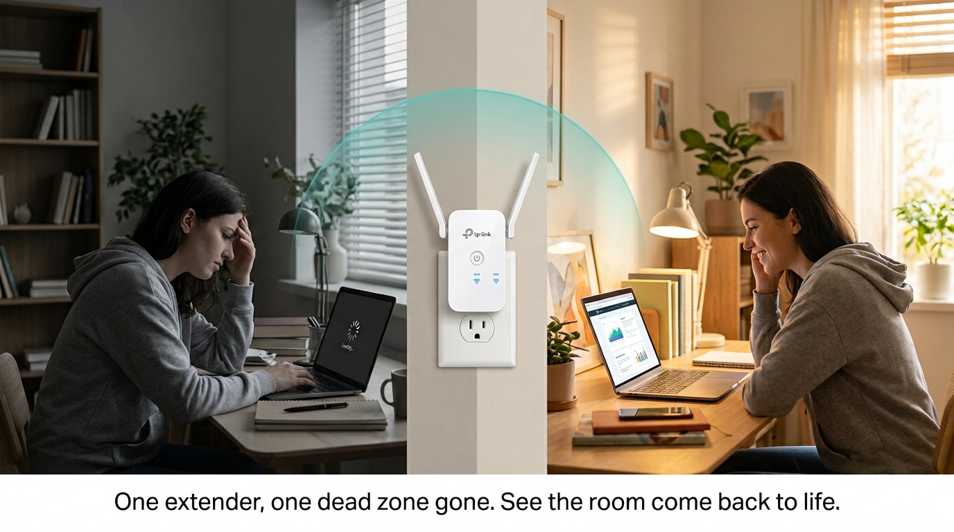 A dim, disconnected room comes back to life once a real TP-Link WiFi extender closes the coverage gap
