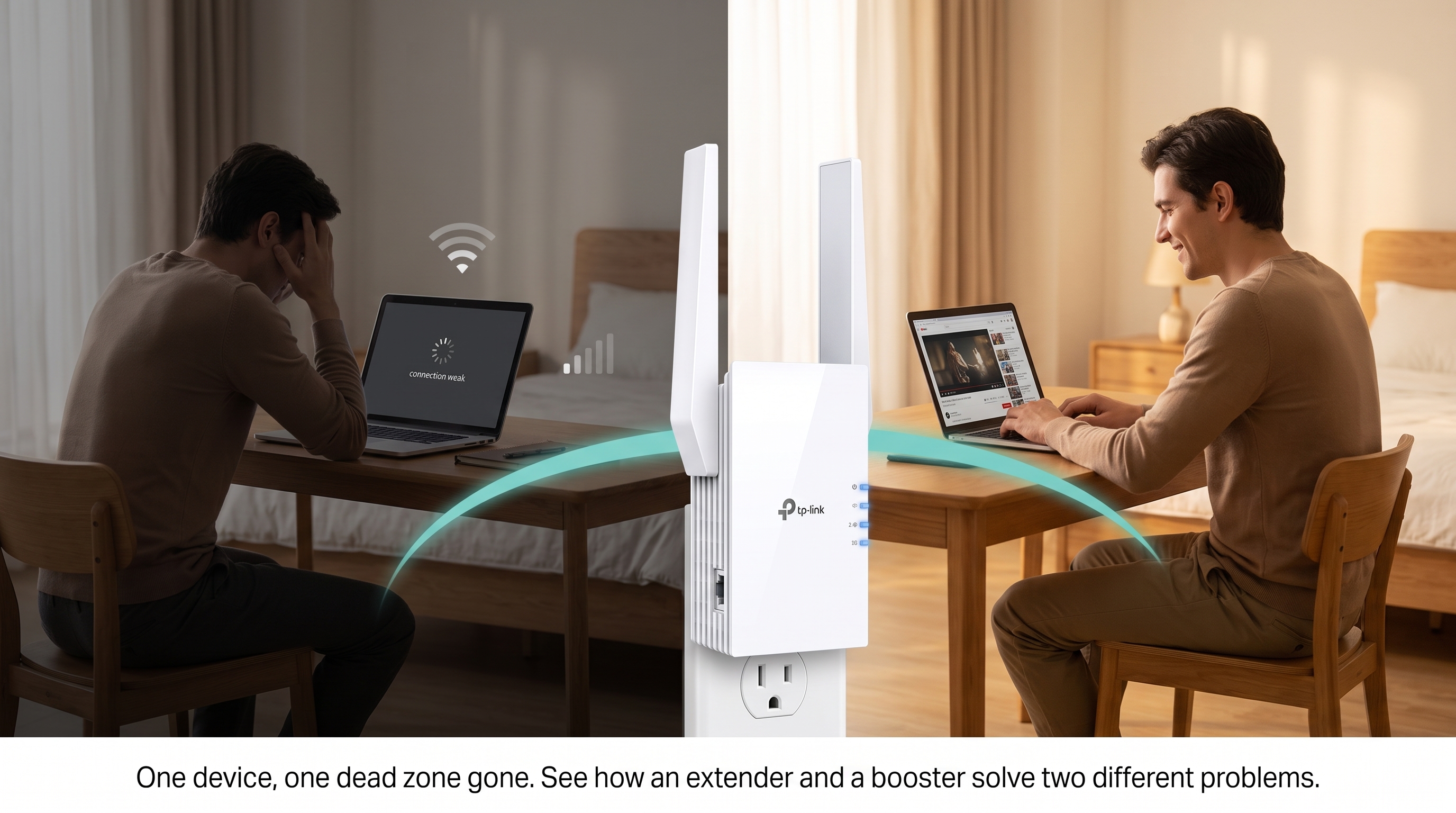 A dead zone in a home turns into a fully connected room thanks to a real TP-Link RE705X, shown extending signal into a new area versus boosting it in place