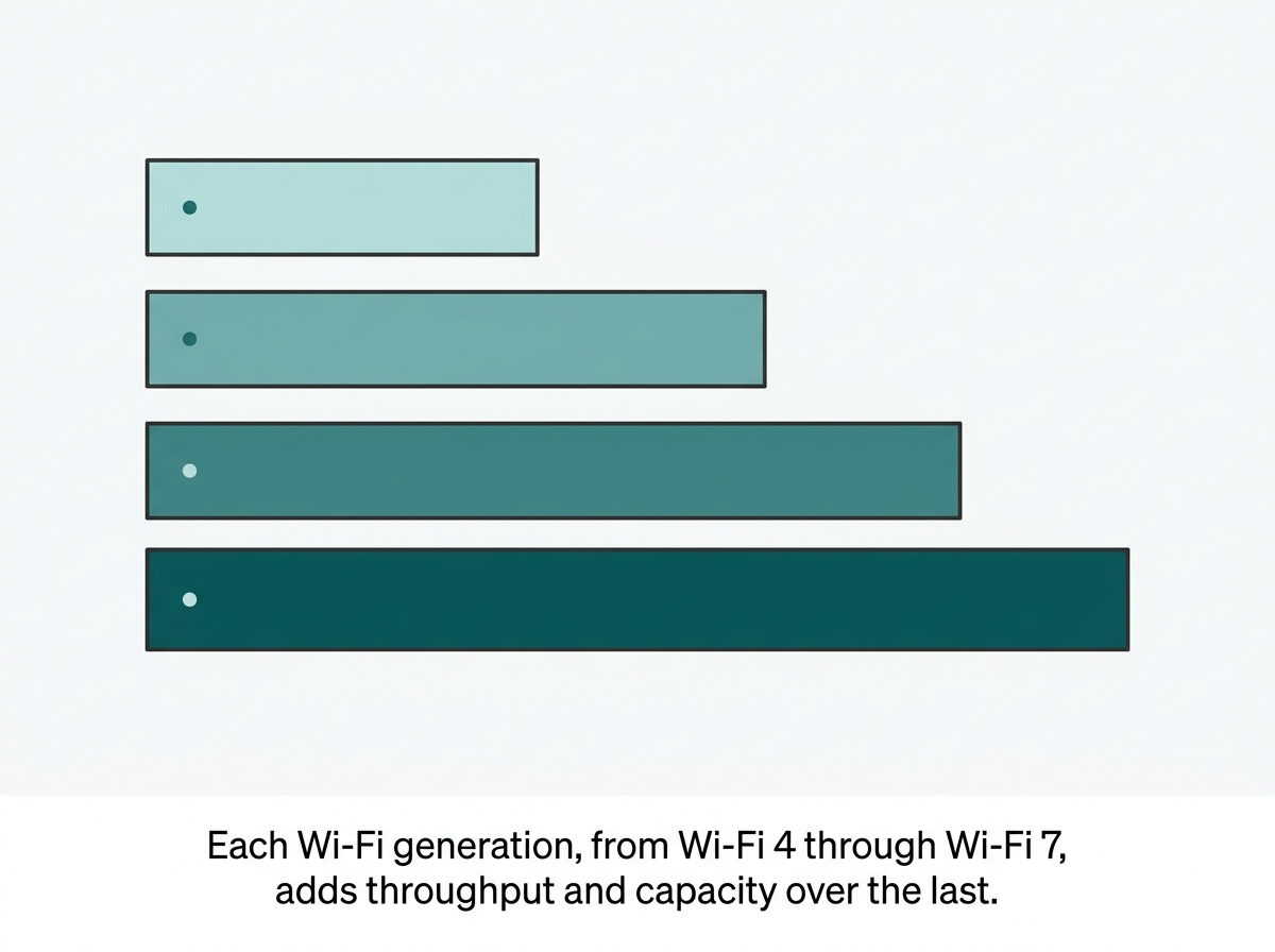 Flat diagram of four stacked bars representing Wi-Fi 4 through Wi-Fi 7, each longer than the last