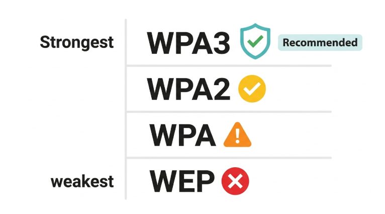 WiFi security protocol comparison - WEP, WPA, WPA2, and WPA3 ranked from weakest to strongest for Philippine home networks