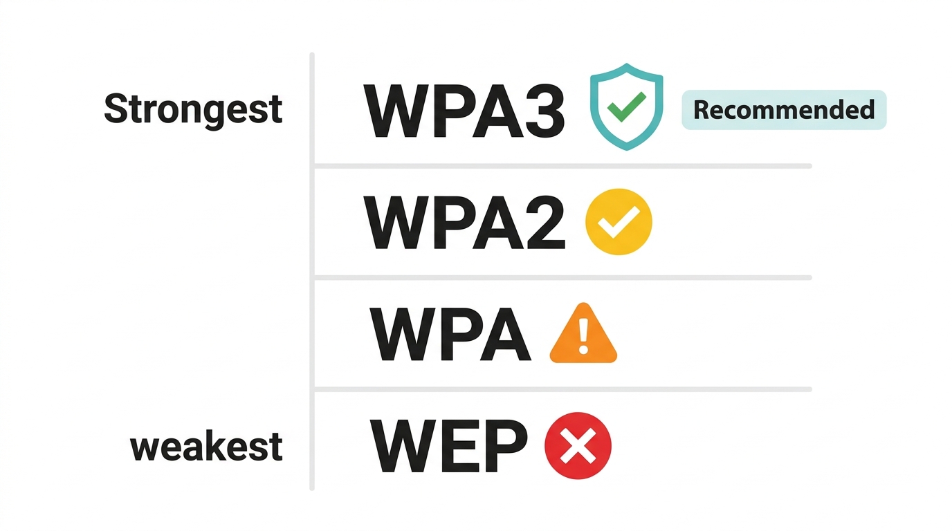 WiFi security protocol comparison - WEP, WPA, WPA2, and WPA3 ranked from weakest to strongest for Philippine home networks