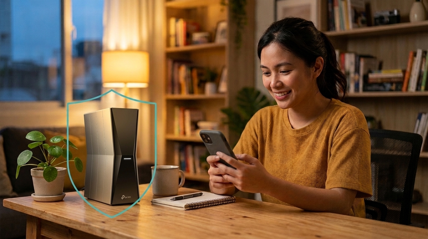 Filipino homeowner securing their home WiFi network using a phone app next to a TP-Link router