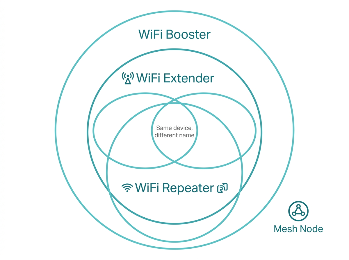 Diagram showing how WiFi booster, WiFi extender, and WiFi repeater are used interchangeably in the consumer market AI Image