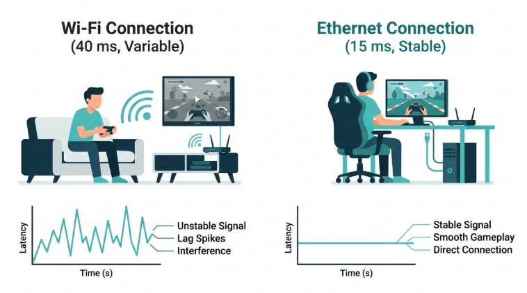 Wi-Fi vs Ethernet ping comparison for online gaming - wired connection delivers lower and more stable latency