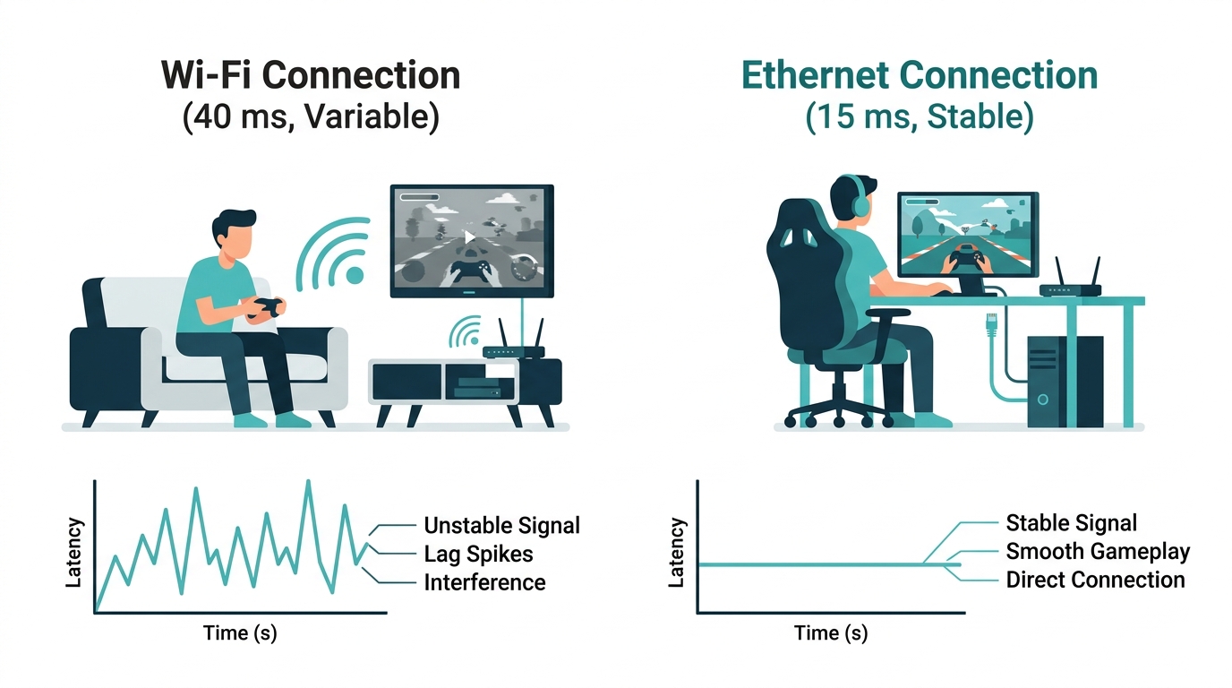 Wi-Fi vs Ethernet ping comparison for online gaming - wired connection delivers lower and more stable latency