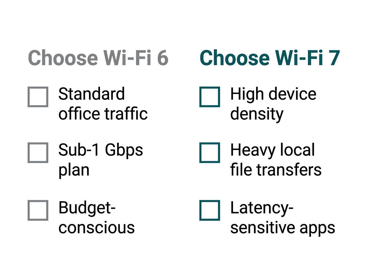 Flat decision checklist diagram helping a business choose between Wi-Fi 6 and Wi-Fi 7