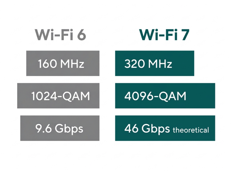 Flat comparison chart showing Wi-Fi 6 and Wi-Fi 7 channel width, modulation, and theoretical speed side by side