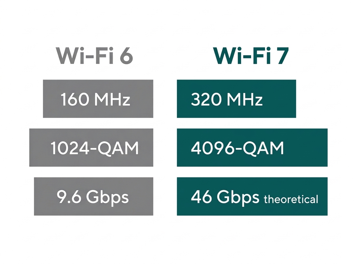 Flat comparison chart showing Wi-Fi 6 and Wi-Fi 7 channel width, modulation, and theoretical speed side by side