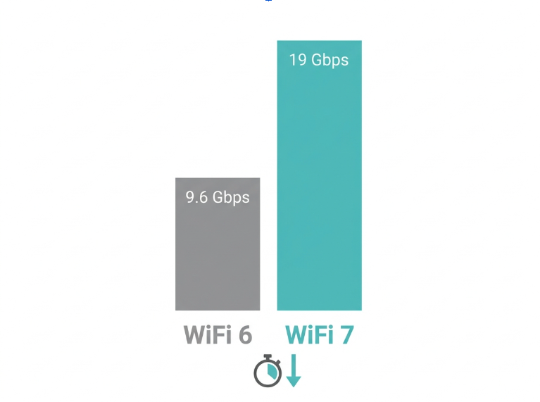 Flat comparison chart showing WiFi 6 versus WiFi 7 maximum speeds and latency improvement