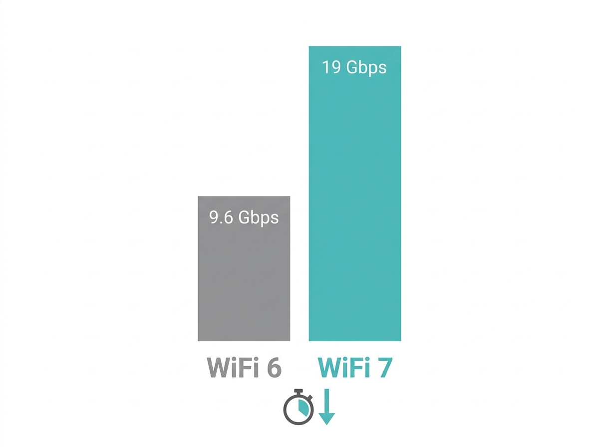 Flat comparison chart showing WiFi 6 versus WiFi 7 maximum speeds and latency improvement