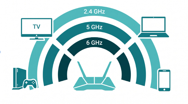 Flat illustration of a WiFi 7 router broadcasting three frequency bands to multiple connected devices