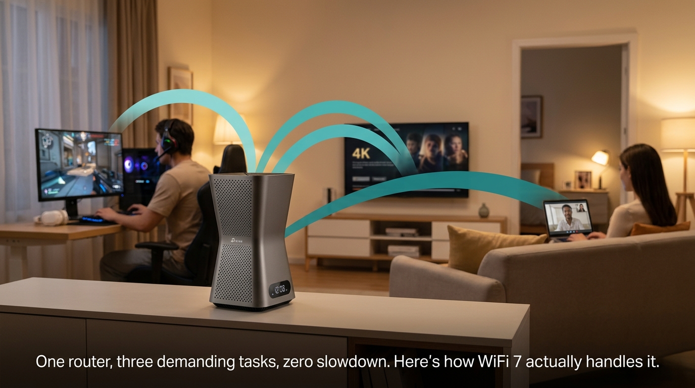 A real TP-Link WiFi 7 router keeps a gamer, a streamer, and a video call all running smoothly at the same time