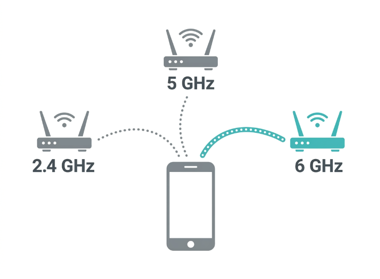 Flat diagram showing a WiFi 7 device switching between 2.4GHz, 5GHz, and 6GHz bands for the best connection