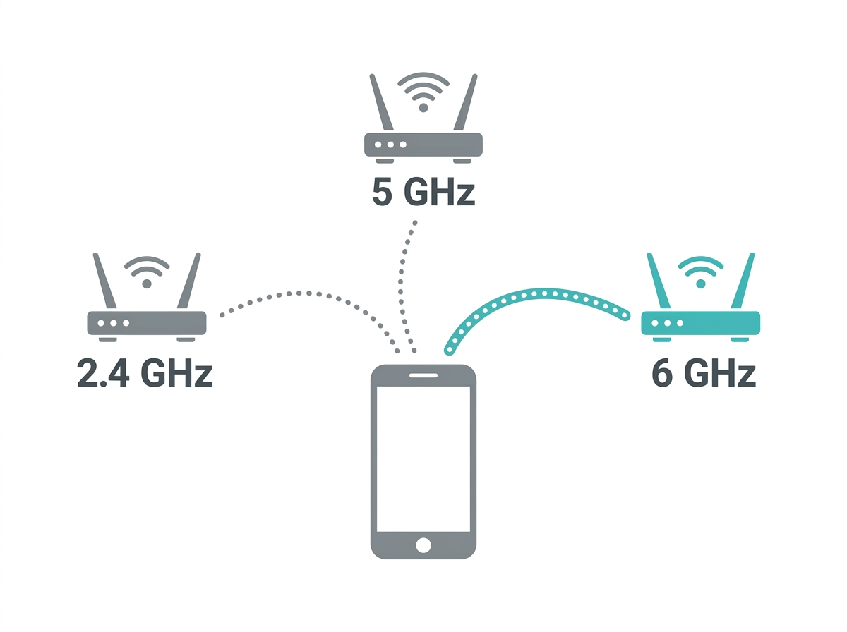 Flat diagram showing a WiFi 7 device switching between 2.4GHz, 5GHz, and 6GHz bands for the best connection