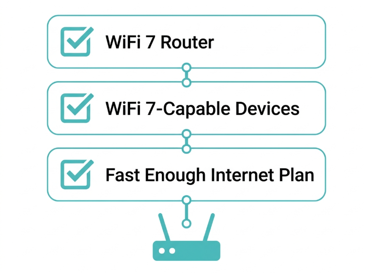 Flat checklist diagram showing three requirements for a full WiFi 7 upgrade: router, devices, and internet plan