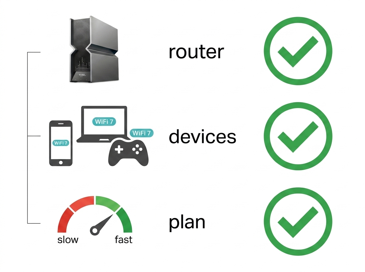 Three-part visual checklist showing what's needed for a full WiFi 7 upgrade: a real WiFi 7 router, compatible devices, and a fast enough internet plan