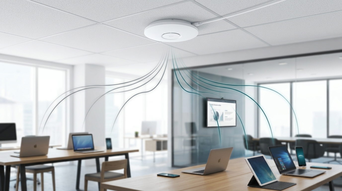 Ceiling-mounted wireless access point seen from directly below against a modern office ceiling