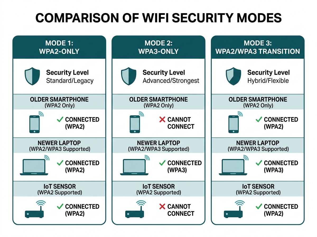 Comparison diagram of WPA2-only, WPA3-only, and WPA2/WPA3 transition mode showing which devices connect to each