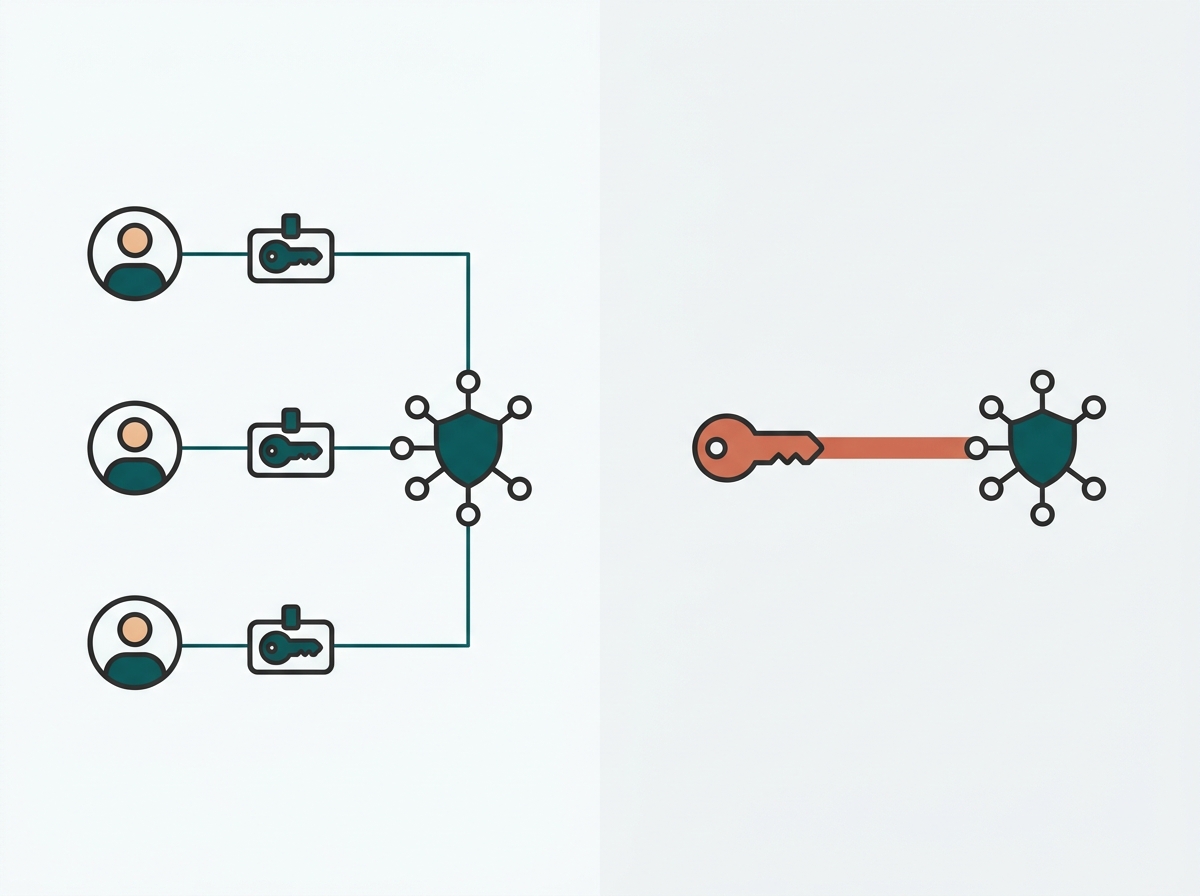 Flat illustration of individual login credentials authenticating separately against a central network icon, versus one shared key icon