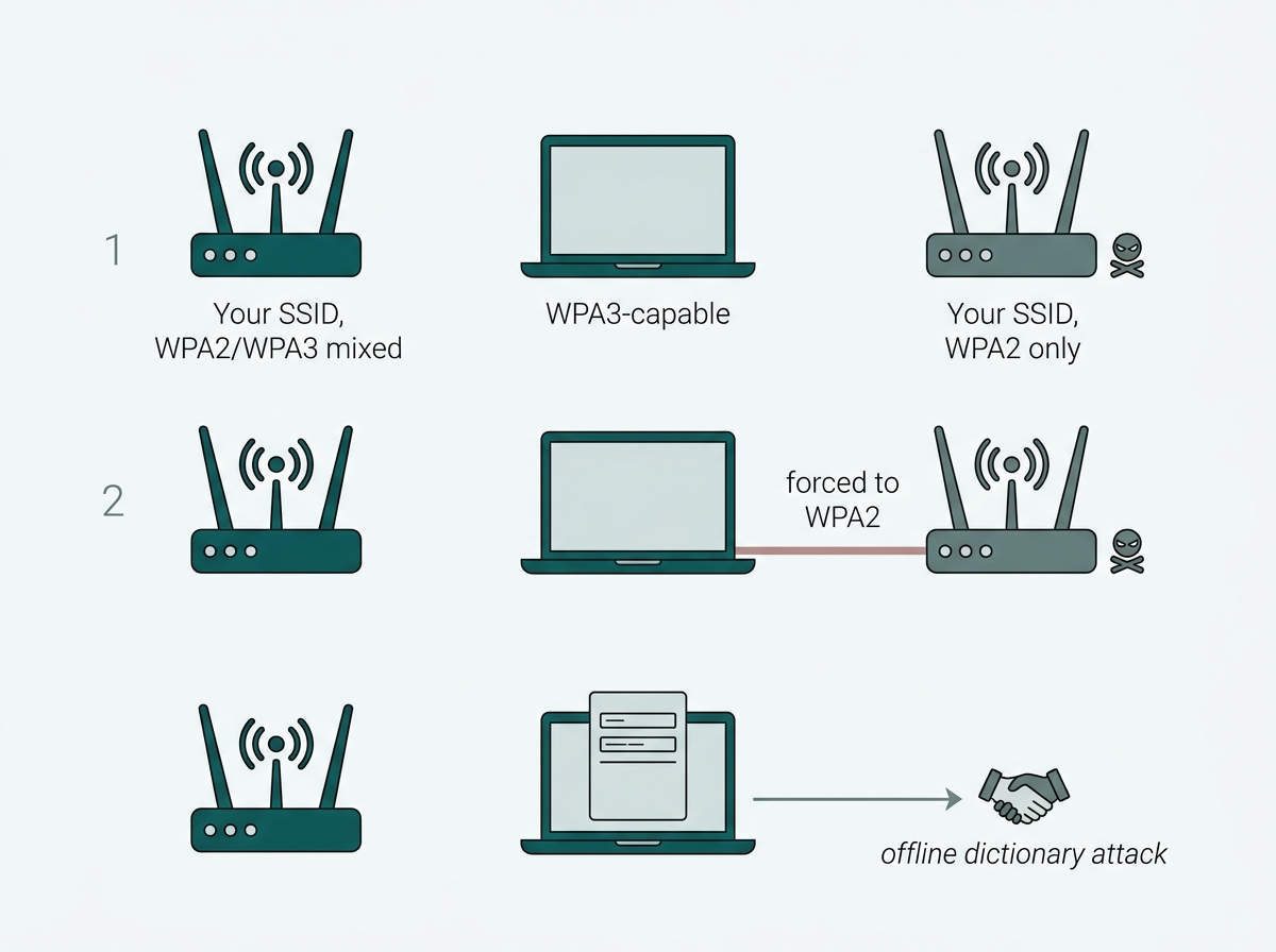 Rogue access point advertising the same network name as WPA2-only, capturing a handshake from a WPA3-capable laptop for offline cracking