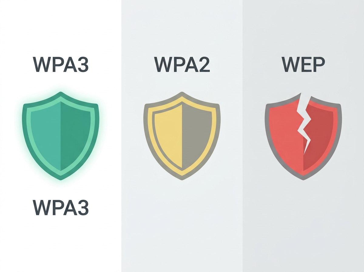 Flat comparison diagram showing WPA3 as most secure, WPA2 as acceptable, and WEP as insecure and obsolete