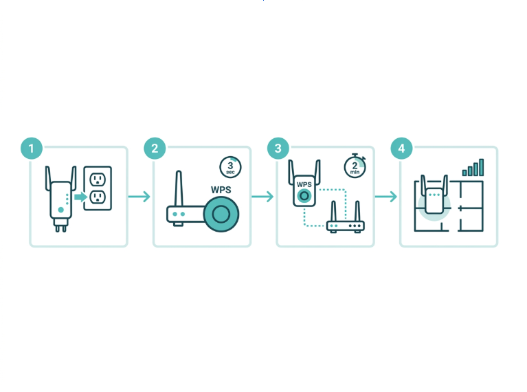Step-by-step diagram showing how to connect a WiFi extender to a router using the WPS button