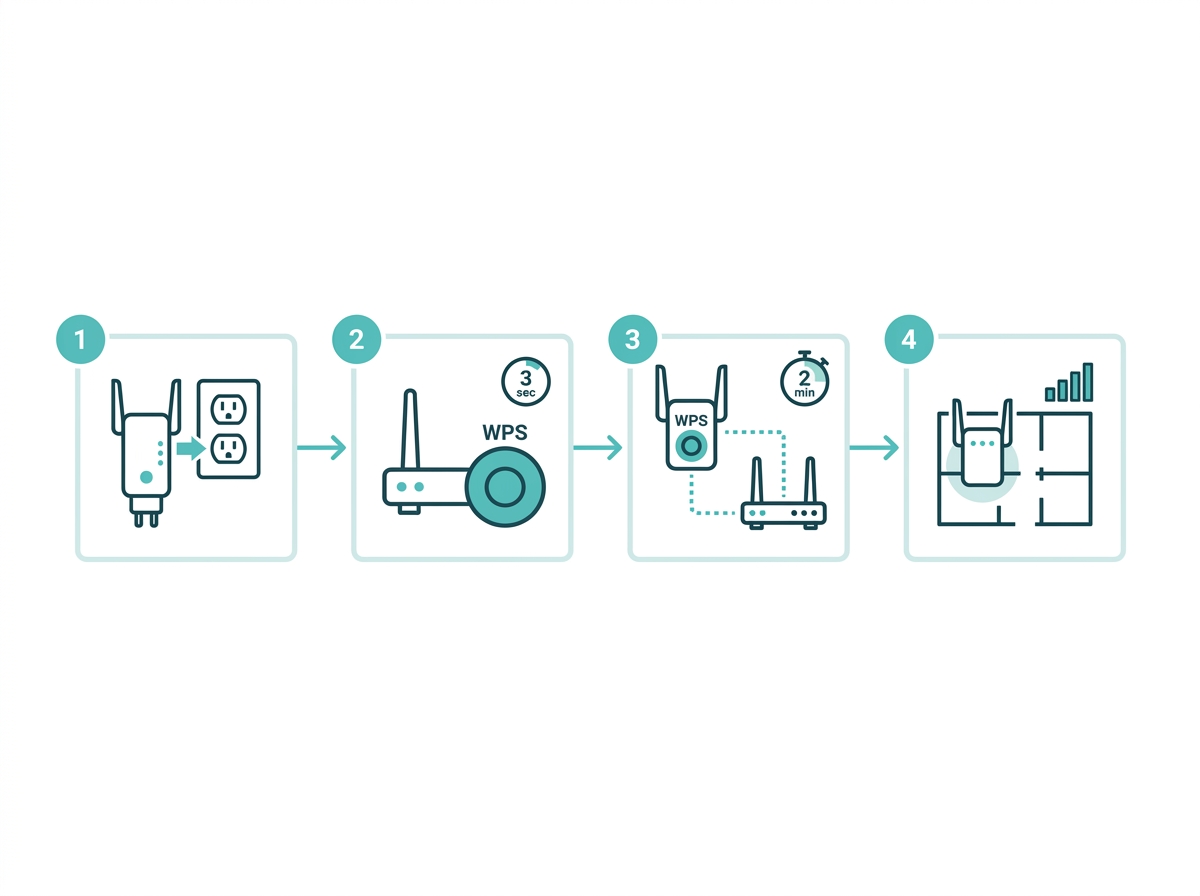 Step-by-step diagram showing how to connect a WiFi extender to a router using the WPS button