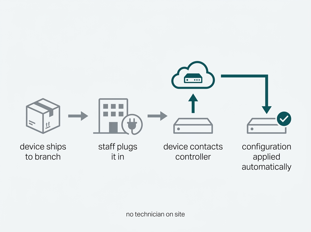 New access point shipped to a branch, plugged in by staff, pulling its configuration from the cloud controller automatically