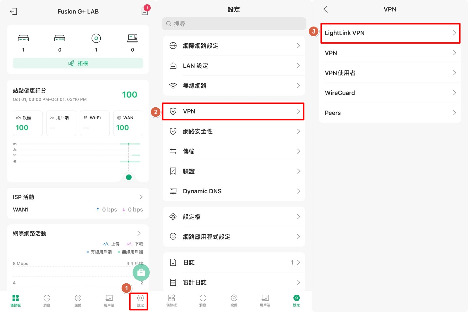 Omada App 中 LightLink VPN 選項路徑截圖