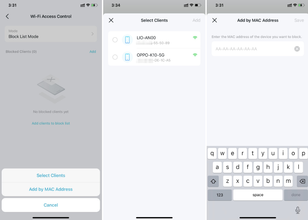 Block list settings page.