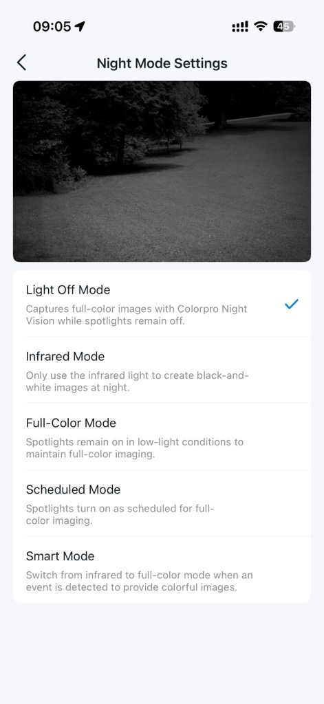 Camera Night Mode Settings in Tapo app.