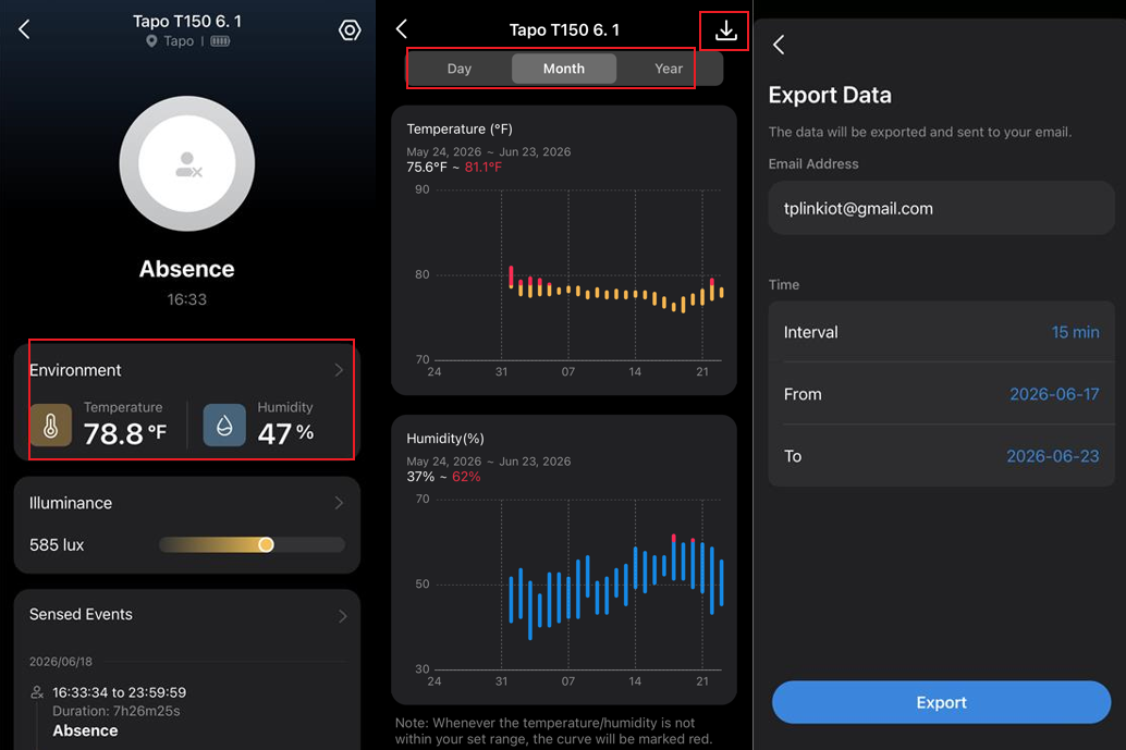 Export Temperature & Humidity History Data of Tapo T150.
