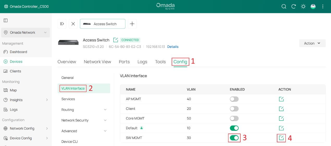 Enable and edit the VLAN interface of SW MGMT.