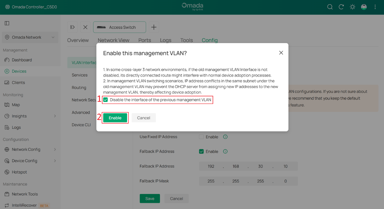 Select “Disable the interface of the previous Management VLAN” so that you do not need to disable it after applying the changes.