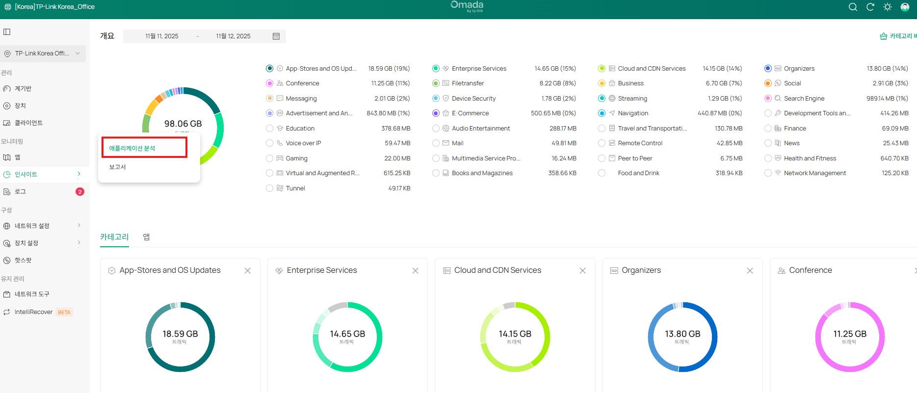 애플리케이션 분석 페이지입니다.