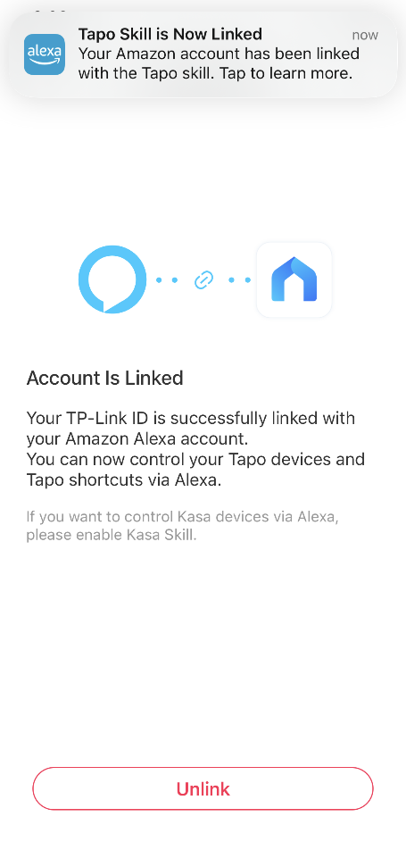 Tapo Link with Alexa Success Page.