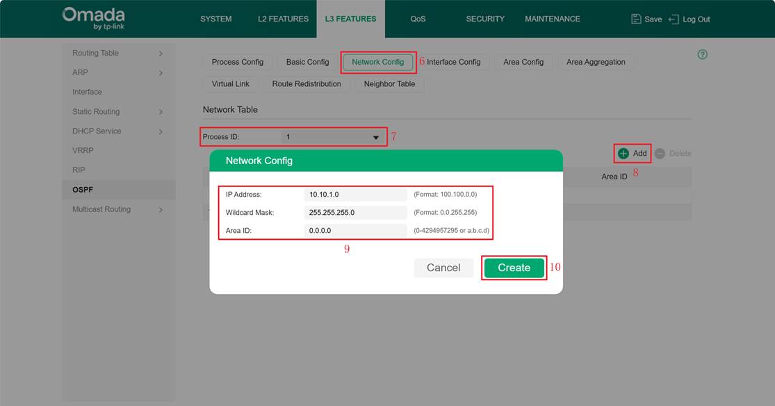 Continuation path of create an OSPF area.