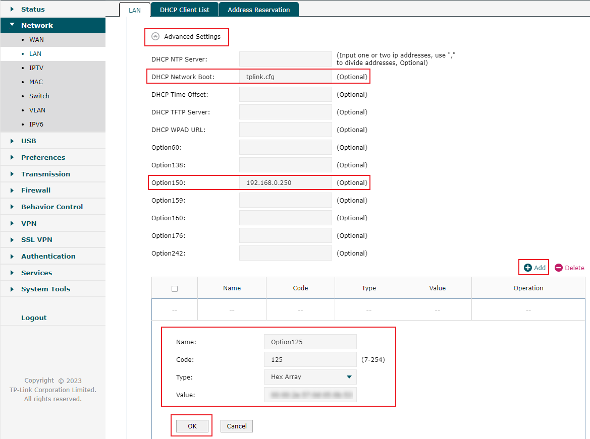 Shows option 125 configuration.