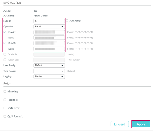 Example of creating a MAC ACL permit rule.