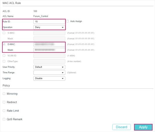 Example of creating MAC ACL deny rule.
