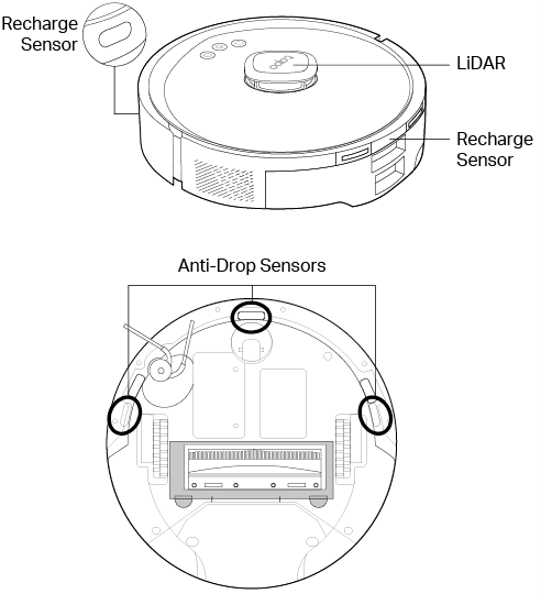 LiDAR, Recharge sensors, and anti-drop sensors of Tapo RV30 Max Plus Gen2.