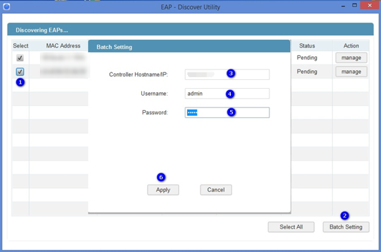 If your EAP devices have different username and password you can use the manage button to set the controller hostname/IP respectively.