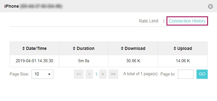 Shows path to view connection history. 