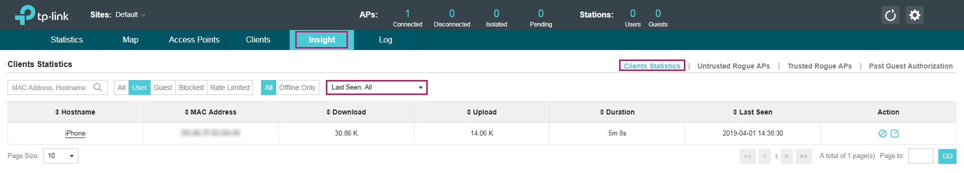 Shows path to client statistics under the insight tab.