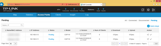  EAPs will be displayed as pending APs on controller waiting for adoption and management.